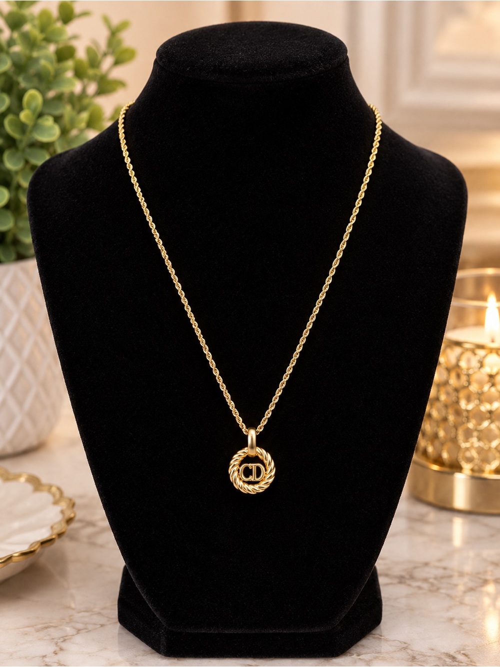 Vintage Christian Dior CD Pendant Gold Rope Necklace